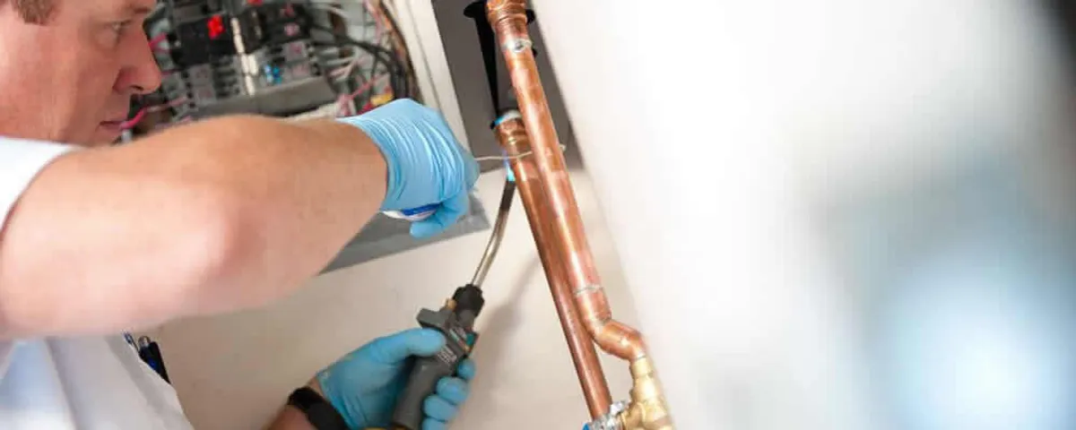 Water heater repair technician testing copper pipe connections and controls in Fresno, CA